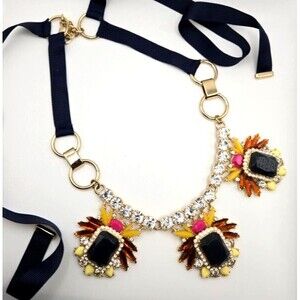 Banana Republic Regalia Chunky Statement Bib Necklace Navy Ribbons Gold Tone
